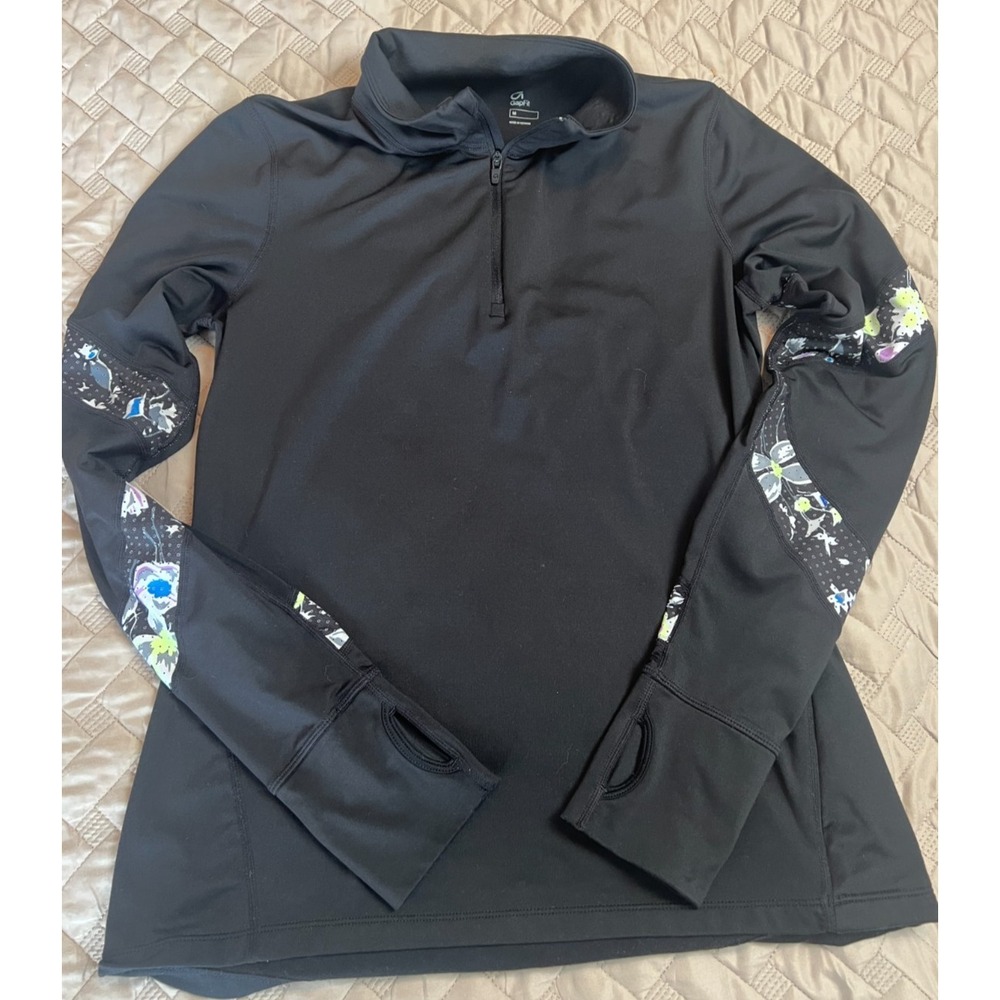 Women's GapFit Athletic Floral Lightweight Fitted Black Quarter Zip Medium